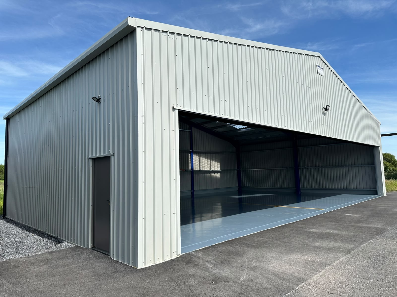 Completed clad aircraft hangar built by Nally Engineering in the Midlands